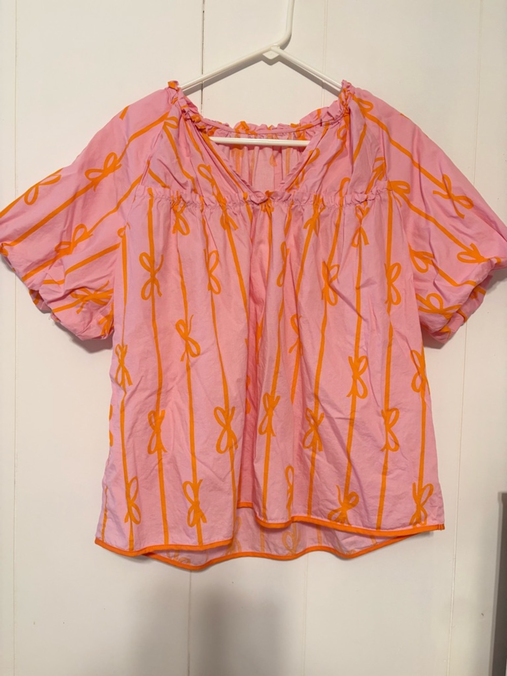 Boutique Bow Print Bubble Sleeve Top